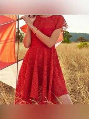 Maeve ByANTHROPOLOGIE Asymmetric Hanky Hem Coral Red Lace Dress